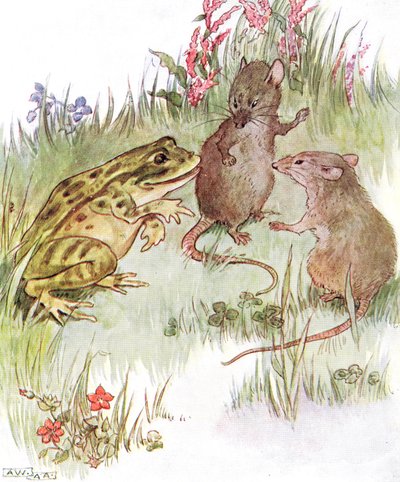 「かわいいミスマウスとおしゃべりした」イラスト、「The Mischievious Mousie Book」、トーマスネルソンウントソンス発行、1920年代 作： Anne Anderson